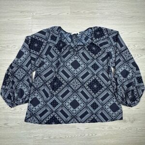 Weekend Suzanne Betro Womens Blouse Navy Blue White Geometric Tile Print 2X Boho